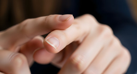 An intimate macro photograph focuses on the fingers of a person's hand, showing clean, natural, and unpolished fingernails. The image highlights the subtle details and texture of the skin and nails, suggesting simplicity and health.の素材
