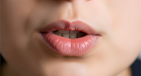A close-up shot of a person's mouth, with their lips slightly parted as if about to speak or whistle. The lips are natural-looking with a pinkish hue, and the bottom teeth are partially visible. The focus is sharp on the texture of the lips.の素材