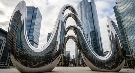 A large, futuristic public art sculpture made of polished chrome flows in organic waves, reflecting the surrounding modern skyscrapers and cloudy sky. The installation sits in a city plaza, blending art with urban architecture.の素材
