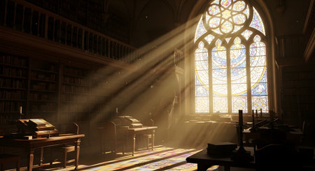 Sunbeams dramatically stream through a large, ornate stained glass window into a grand, historic library or scriptorium. The light illuminates dust particles in the air and old wooden desks and bookshelves filled with ancient tomes, creating a magical, quiet, and scholarly atmosphere.の素材