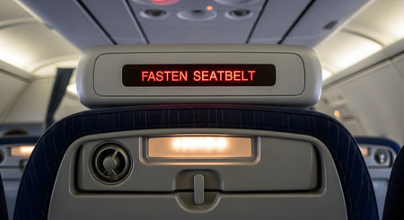 A close-up shot of an illuminated red 'FASTEN SEATBELT' sign on the back of an airplane seat. The sign is lit, indicating a safety instruction for passengers inside the aircraft cabin.の素材
