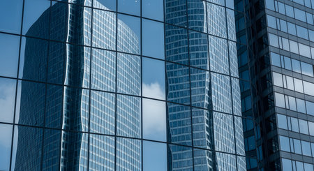 The glass facade of a modern skyscraper reflects another curved office building and a blue sky with soft clouds. The grid-like windows create a pattern of corporate architecture, symbolizing business, finance, and urban development.の素材