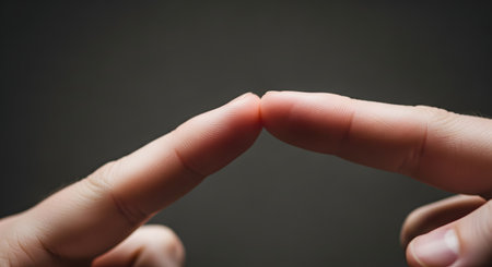 A macro close-up of two index fingers gently touching at their tips against a blurred, dark gray background. The image highlights the detailed texture of the skin and fingerprints, symbolizing connection, touch, humanity, or a gentle gesture.の素材