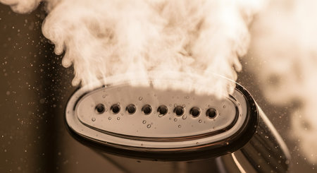 A close-up, macro shot of the metal head of a garment steamer, with hot steam and water vapor billowing out of its holes. The image has a warm, sepia tone and highlights the water droplets on the surface. It represents cleaning, ironing, and household chores.の素材