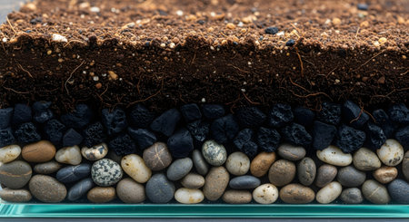 A detailed cross-section view of a layered soil environment, likely for a terrarium or planter, showcasing different materials. The layers include topsoil with roots, black charcoal or lava rock, and a bottom layer of rounded, multi-colored river pebbles and gravel.の素材