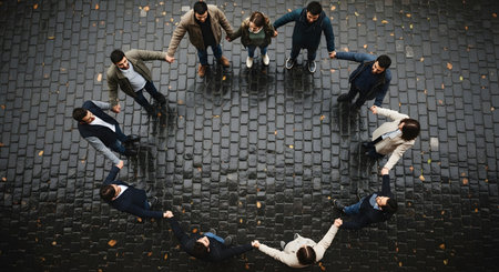 An aerial, top-down view shows a diverse group of people standing in a circle on a wet cobblestone street, holding hands. This powerful image symbolizes unity, teamwork, community, support, and connection.の素材