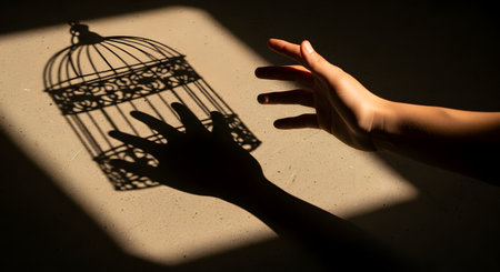 A conceptual image showing the shadow of a hand reaching for the shadow of an ornate birdcage, both cast on a textured wall by strong light. A real hand is also visible, creating a play between reality and shadows, symbolizing themes of freedom, captivity, or longing.の素材