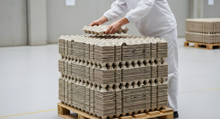 A factory worker in a white uniform is stacking empty, gray pulp egg cartons onto a large pile on a wooden pallet. The setting appears to be a clean, industrial warehouse or food processing facility with a concrete floor.の素材