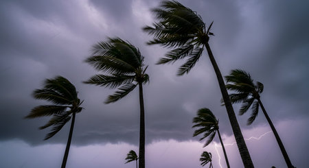 Tall palm trees are seen from a low angle, bending and swaying in strong winds under a dark, stormy sky. A bolt of lightning flashes in the background, depicting a hurricane, typhoon, or severe tropical storm.の素材