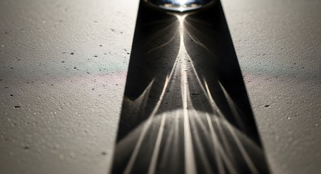 An abstract macro shot of a caustic light pattern, where light is refracted and reflected onto a dark, textured surface. The light creates intricate, glowing lines and caustics within a long shadow.の素材