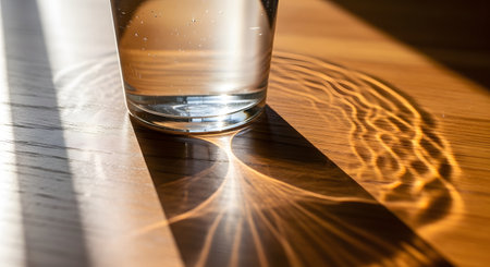 The base of a glass of water sits on a wooden table, illuminated by strong sunlight. The light passes through the glass, creating beautiful, intricate caustic patterns and reflections on the wood grain.の素材
