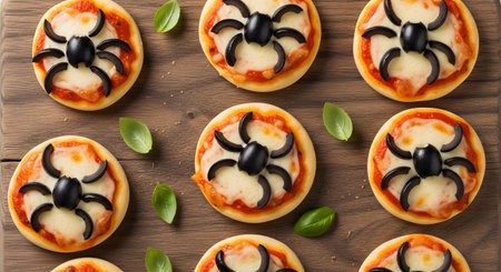 A top-down view of several mini pizzas on a wooden board, decorated for Halloween. Each pizza has a spooky spider on top, cleverly made from black olives, making them a fun and festive party appetizer for kids.の素材