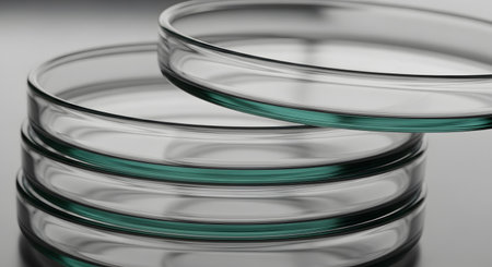 A close-up of a stack of clean, empty glass petri dishes with a slight green tint, resting on a dark surface. The image represents scientific research, laboratory equipment, and preparation for experiments in microbiology or chemistry.の素材