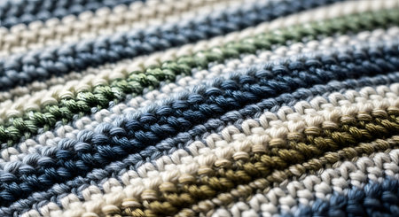 A macro, close-up view of a knitted or crocheted textile with horizontal stripes in shades of blue, green, and off-white. The detailed texture of the stitches is clearly visible, creating a cozy and handmade background.の素材