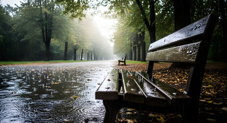 A dark, wet wooden bench sits empty in a park during a rainstorm. Raindrops create puddles and ripples on the path, and the trees in the background are shrouded in mist, evoking a melancholic and peaceful mood.の素材