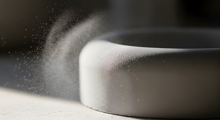 An abstract macro photograph showing a plume of fine dust particles or powder being blown away from the curved edge of a gray, textured object. The particles are frozen in motion by the light, creating a dynamic, minimalist scene.の素材