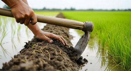 Close-up on the weathered hands of a farmer using a traditional hoe to cultivate the soil in a flooded rice paddy. The background shows rows of vibrant green young rice plants under an open sky, depicting manual labor and agriculture in rural Asia.の素材