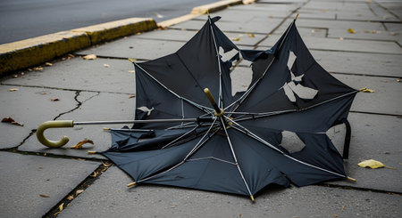A tattered and broken black umbrella lies abandoned on a cracked asphalt sidewalk after a storm. The image symbolizes bad luck, disappointment, failure, or the aftermath of bad weather.の素材