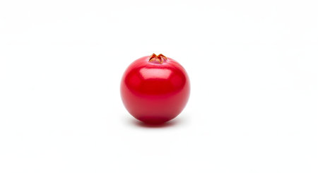 A macro shot of a single, shiny, bright red cranberry isolated on a clean white background. The small, round berry casts a soft shadow, highlighting its smooth, glossy skin.の素材