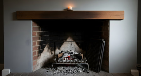 A brick fireplace with glowing embers and burnt logs sitting in a metal grate, surrounded by ash. The inside of the fireplace is stained with black soot, and a single lit candle rests on the wooden mantelpiece above. This image conveys warmth, coziness, and a rustic home setting.の素材