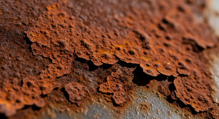 An extreme close-up macro shot of a heavily corroded metal surface. The rust is thick and flaky, peeling away in layers of deep orange and brown, revealing the darker metal underneath.の素材