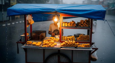 An atmospheric shot of an Indonesian street food vendor (kaki lima) selling various fried snacks (gorengan) from a cart during a rainstorm. A single light bulb illuminates the cart, showing the vendor and the assortment of food under a blue tarp.の素材