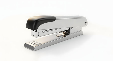 A sleek, modern metal stapler with a black accent is shown against a clean, white, isolated background. The stapler is loaded with staples, and the image is sharp and well-lit. This image represents office supplies, stationery, work, and business tools.の素材