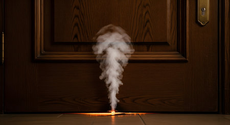 A plume of white smoke billows from under a closed wooden door, with a bright orange glow at the base. This image depicts a dangerous situation, such as a fire emergency in a house or room, representing hazard and risk.の素材
