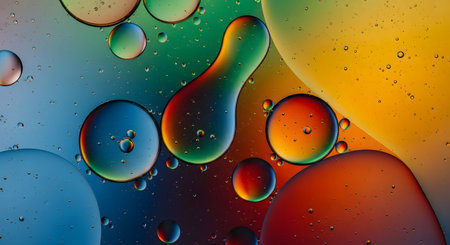 A vibrant abstract macro image of oil bubbles suspended in water. The bubbles form colorful orbs against a background palette of blue, green, yellow, and orange, creating a psychedelic effect.の素材