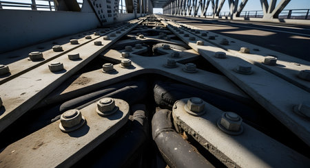 A low-angle, wide-shot of the structural details of a large metal bridge, focusing on the steel beams, large nuts and bolts, and an expansion joint. The complex engineering and industrial design are highlighted by the strong sunlight. This image represents infrastructure, engineering, and construction.の素材