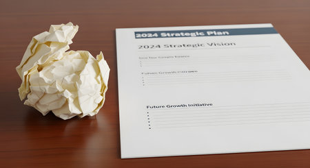 A crumpled ball of paper sits on a wooden desk next to a blank '2024 Strategic Plan' document. This image represents failure, frustration, writer's block, giving up, or the difficulty of business planning and strategy.の素材