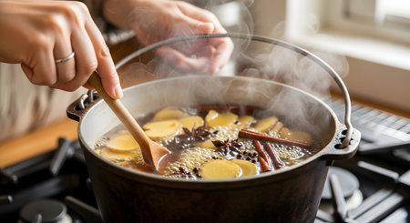 A close-up shot of a person's hands stirring a large, steaming pot of liquid with a wooden spoon. The pot, sitting on a stove, is filled with spices like cinnamon sticks, star anise, and ginger slices. This image represents making mulled wine, hot cider, or a winter holiday beverage.の素材