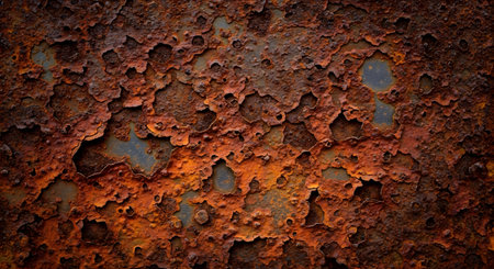 An extreme close-up, macro texture of a heavily corroded metal surface. The rust is a deep orange and brown, with peeling, flaking layers that reveal the darker metal underneath. This image serves as a grunge background,representing decay,age,and oxidation.の素材