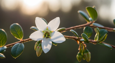 A delicate white flower with five petals and a green/yellow center is in sharp focus,backlit by the warm glow of the sun. The flower is on a thin branch with small green leaves and buds,against a soft,blurred background. This image represents beauty,nature,and spring.の素材