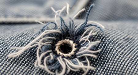 An extreme macro shot of a frayed buttonhole on a pair of blue denim jeans. The blue and white threads are torn and unwoven around the reinforced stitching of the hole.の素材