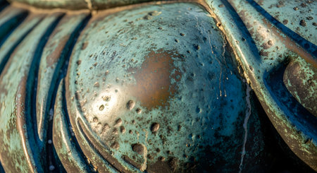 A detailed macro shot of a weathered bronze statue, showing a rough texture with a prominent blue-green patina, also known as verdigris. The oxidation and pitting create an abstract background. This image represents age, history, and the passage of time.の素材