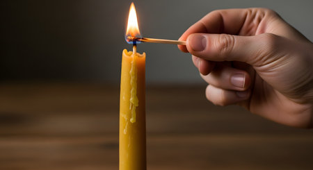 A close-up of a hand holding a flaming wooden match to the wick of a tall, yellow beeswax candle. The candle has wax drippings on its side and sits on a wooden table against a dark, moody background.の素材