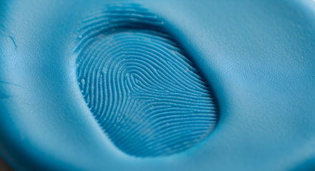 An extreme close-up macro shot of a fingerprint impressed into a piece of soft, blue clay or putty. The intricate ridges and whorls of the fingerprint are in sharp focus, representing identity, forensics, or biometrics.の素材