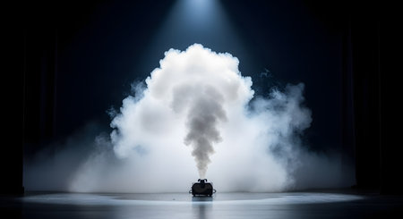A smoke machine sits on a dark stage, releasing a thick, vertical plume of white smoke that spreads out. The smoke is dramatically illuminated by a single, bright spotlight from above. This image represents special effects, concerts, theater, or a dramatic reveal.の素材