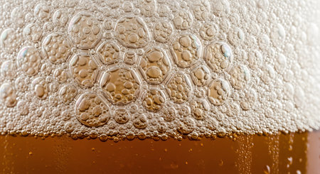 An extreme macro shot of beer foam in a glass. The image shows a close-up texture of the bubbles, with the amber-colored liquid visible below.の素材