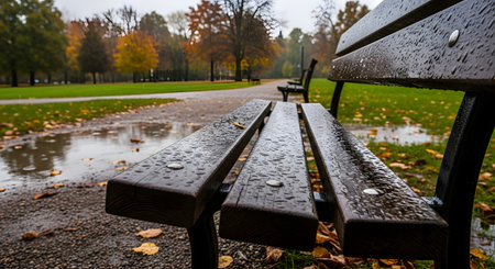 A close-up of a dark wooden park bench covered in raindrops on a wet, rainy autumn day. The park path has puddles, and the background is filled with trees showing fall colors and fallen leaves on the grass.の素材
