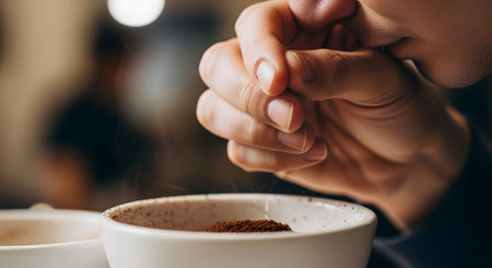 A close-up shot of a person smelling the aroma of fresh, dry coffee grounds in a small white bowl. Their hand is cupped near their nose to enhance the scent. This image represents coffee cupping, sensory evaluation, and the love of coffee.の素材