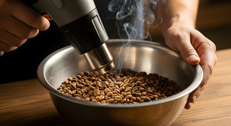 A person holds a metal bowl of coffee beans while using a heat gun to roast them at home. Wisps of smoke rise from the beans, which are turning brown. This image captures the DIY, artisan process of home coffee roasting.の素材