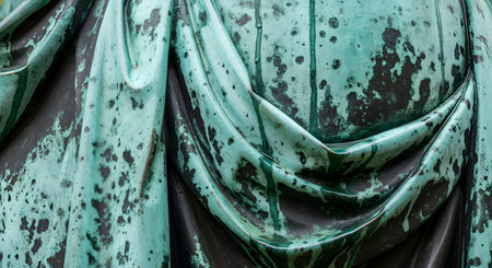 A close-up abstract detail of an old bronze statue, showing the texture of its surface. The metal is covered in a heavy green patina (verdigris) from oxidation, with dark streaks and spots, highlighting the folds of a garment.の素材