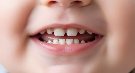 A close-up macro shot of a young child's mouth, showing a smile with small, white baby teeth. The gums are healthy pink, and the child has a slight gap between the front teeth. This image represents childhood, pediatric dentistry, and human development.の素材