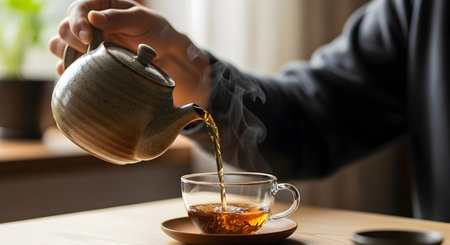A person's hand pours steaming hot tea from a rustic ceramic teapot into a clear glass cup. The cup and saucer sit on a wooden table, evoking a sense of calm, warmth, and relaxation.の素材
