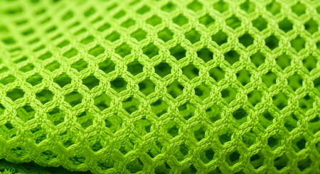 A macro close-up of a bright, fluorescent green synthetic mesh fabric. The image shows the detailed, diamond-shaped woven pattern and texture of the netting. This can be used as a background or for concepts like sportswear or industrial materials.の素材