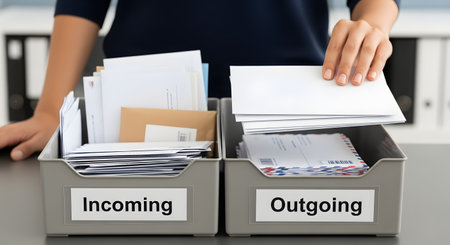 An office worker's hands are shown sorting letters and envelopes at a desk. The mail is being organized into two gray trays labeled 'Incoming' and 'Outgoing', representing office administration and workflow.の素材