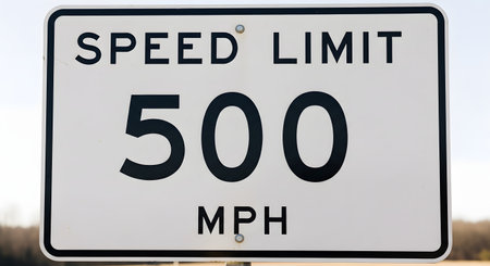 A close-up of a white rectangular road sign that reads 'SPEED LIMIT 500 MPH' in black text. The 500 MPH limit is humorously unrealistic, suggesting extreme speed or a joke. The sign is posted outdoors against a bright sky.の素材