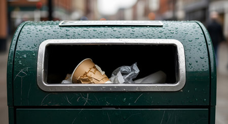 A close-up of a green public trash can on a city street, covered in raindrops. The opening is filled with litter, including a crushed paper cup. The background shows a blurred urban street.の素材